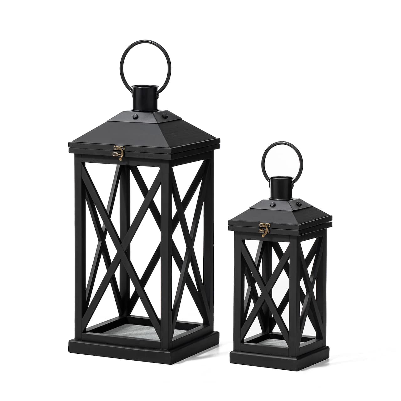 Glitzhome® Black Farmhouse Wood & Metal Lanterns Set